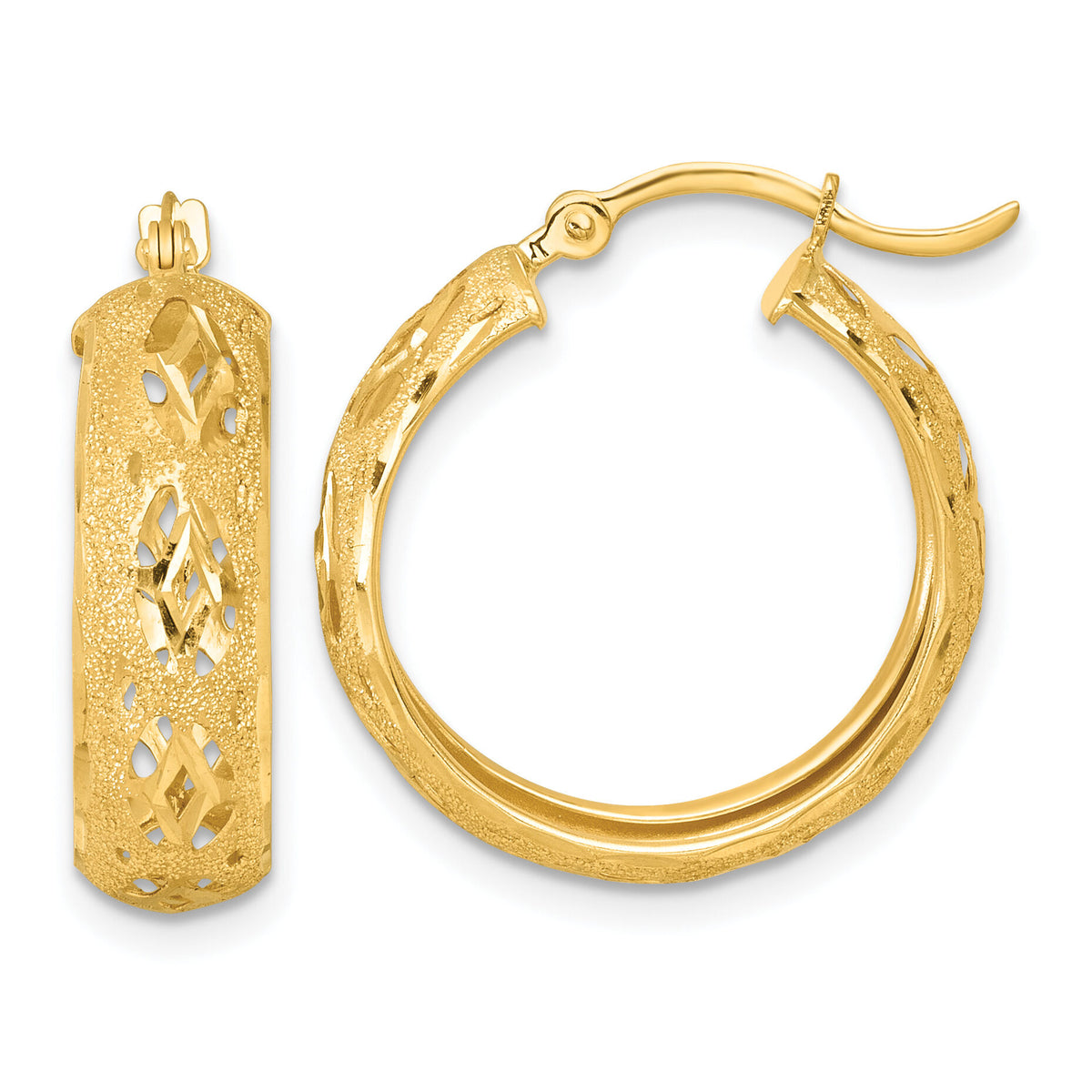 14k Polished Laser & D/C 6.15mm Fancy Design Round Hoop Earrings-TF2406