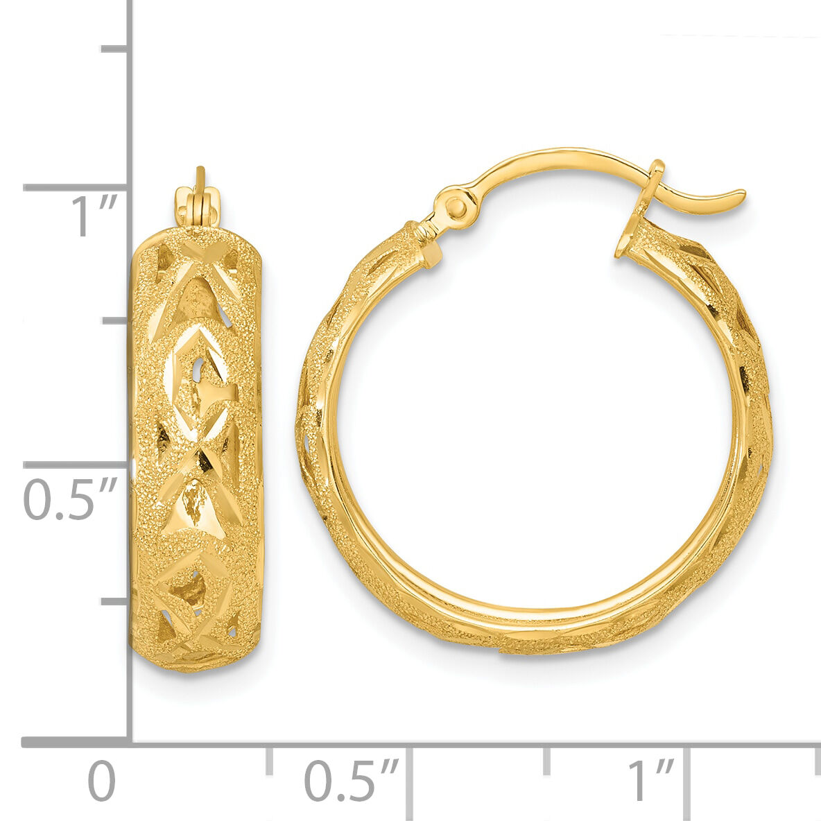 14k Polished Laser & D/C 6.15mm Fancy Design Round Hoop Earrings-TF2407