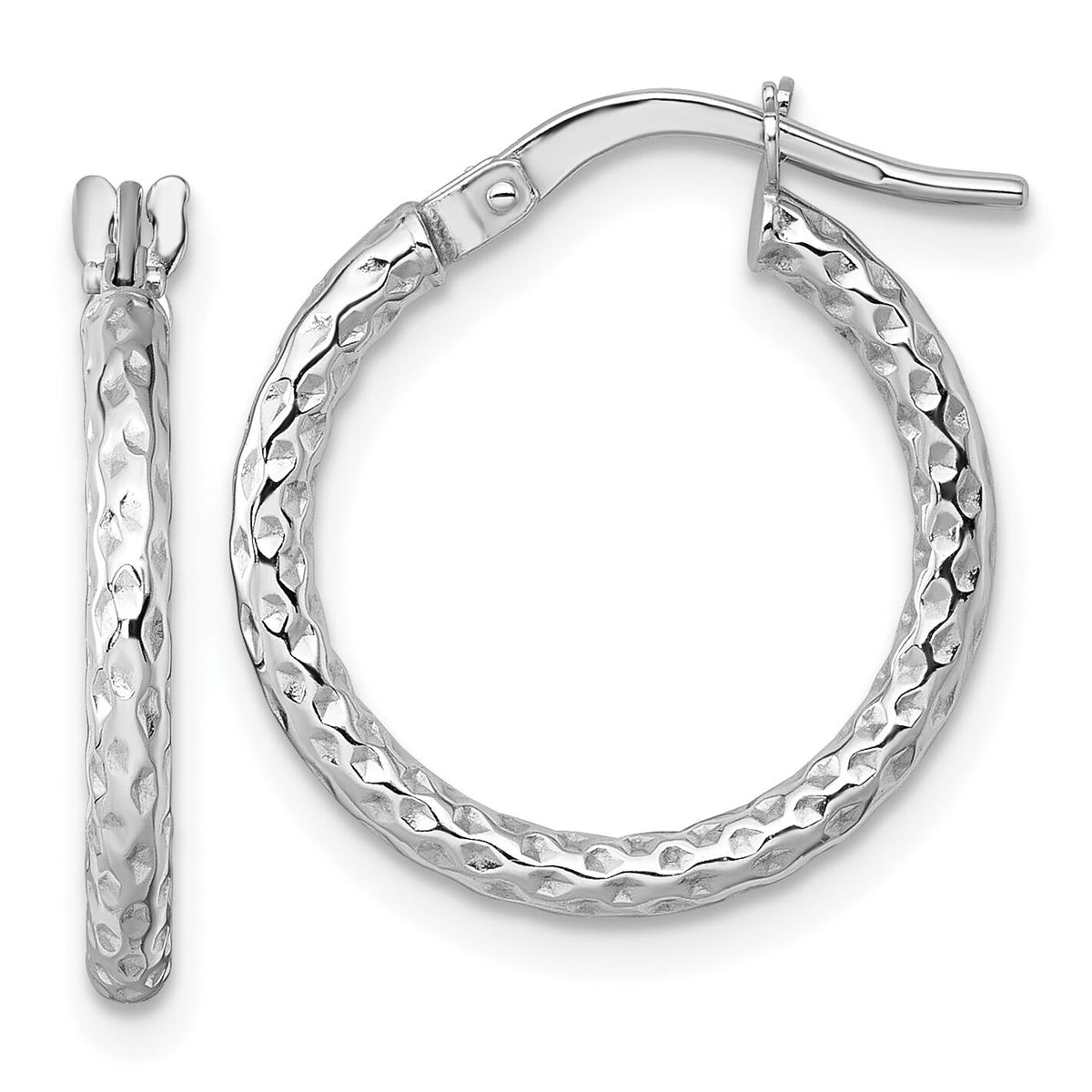 14k White Gold Polished Diamond-cut Hoop Earrings-TF2408W