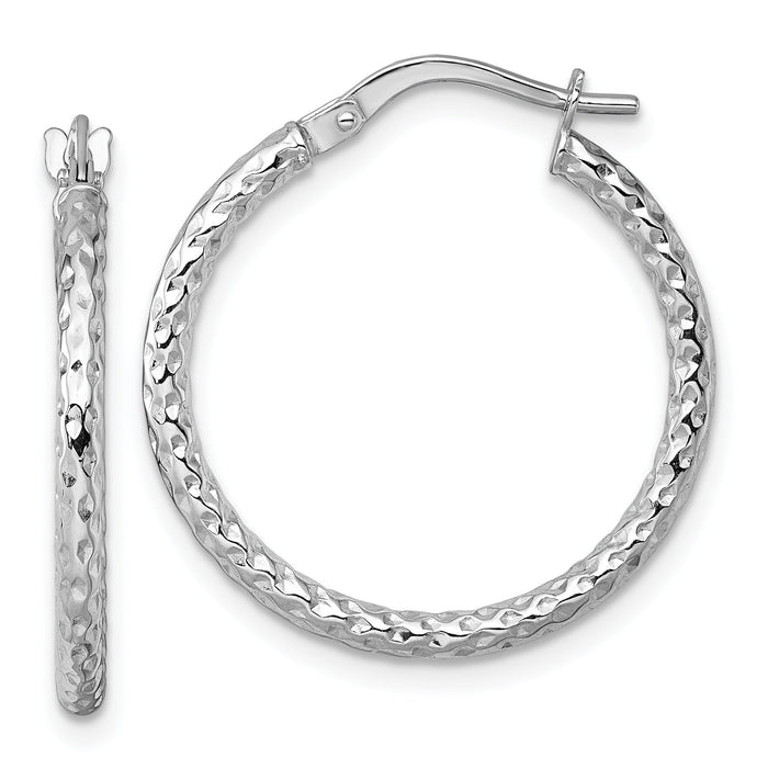 14k White Gold Polished Diamond-cut Hoop Earrings-TF2409W