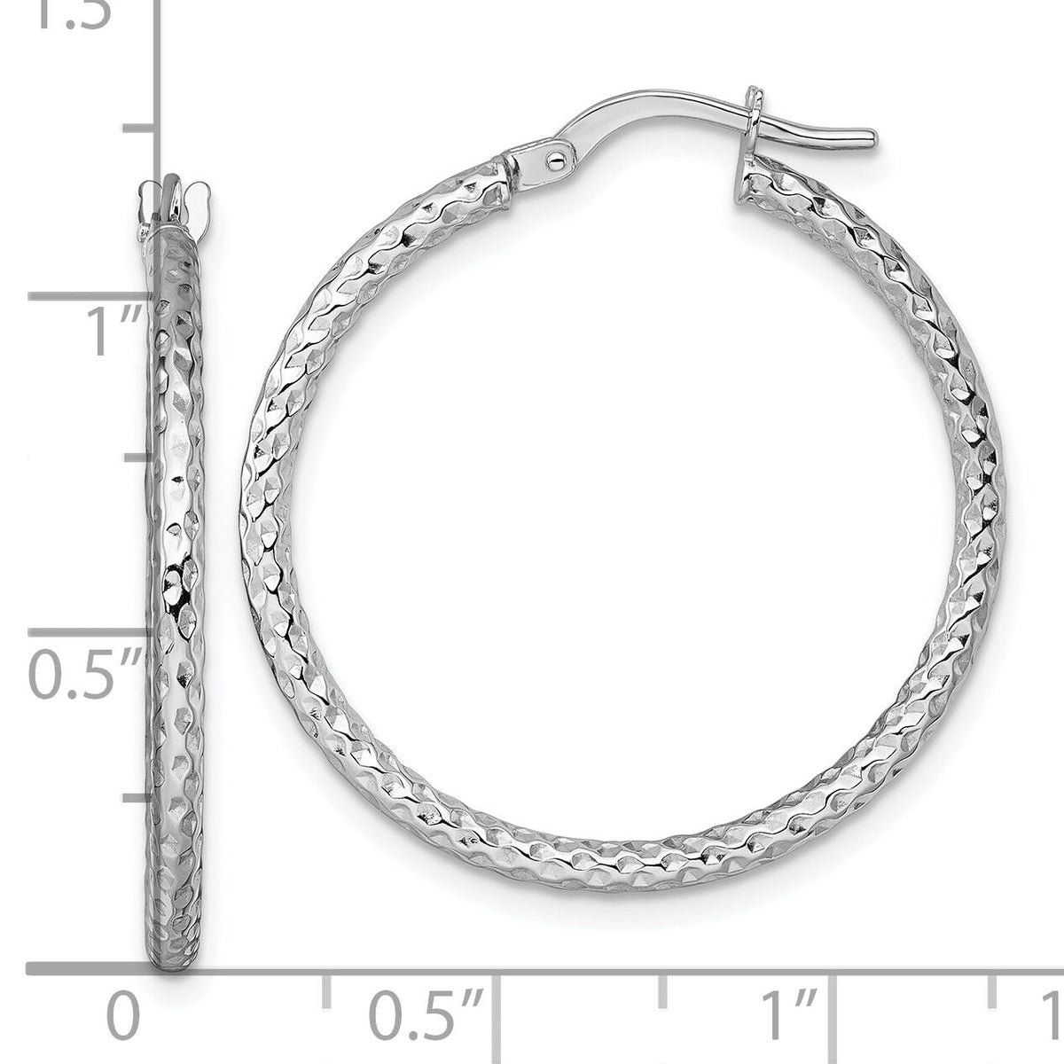 14k White Gold Polished Diamond-cut Hoop Earrings-TF2410W