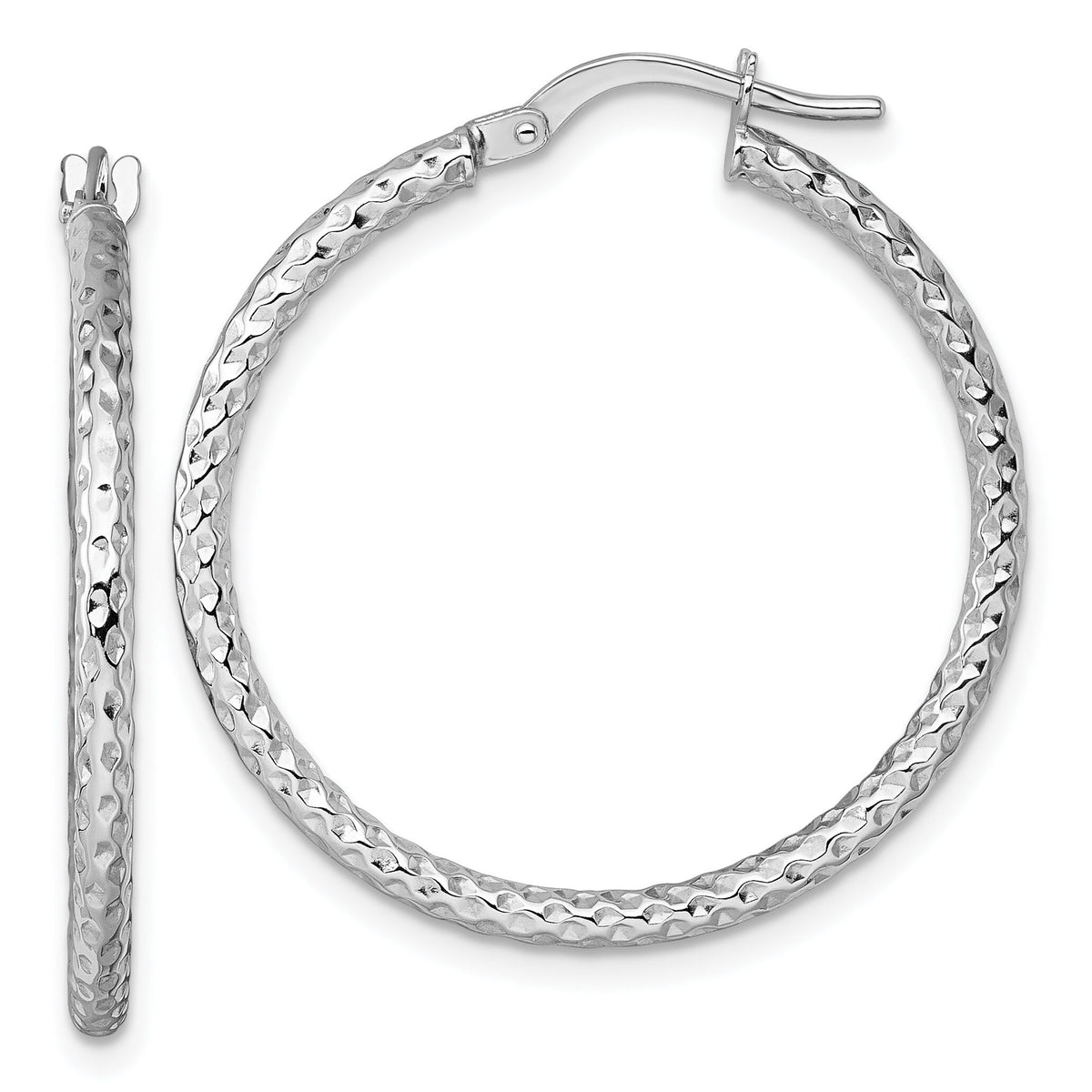 14k White Gold Polished Diamond-cut Hoop Earrings-TF2410W