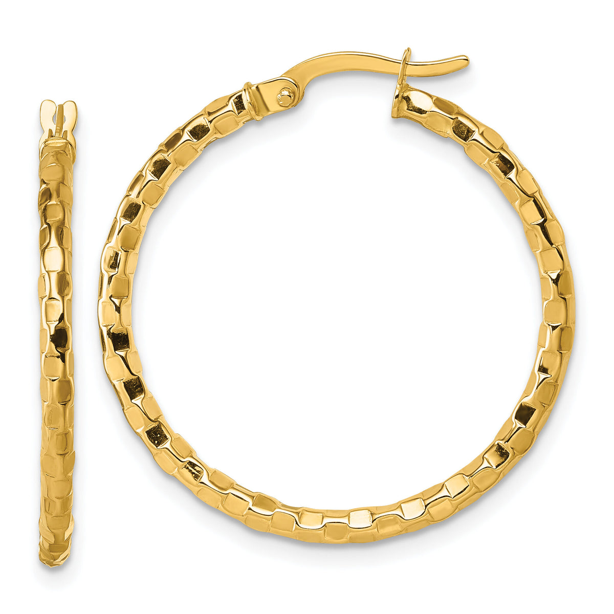 14k Polished Textured Hoop Earrings-TF2415