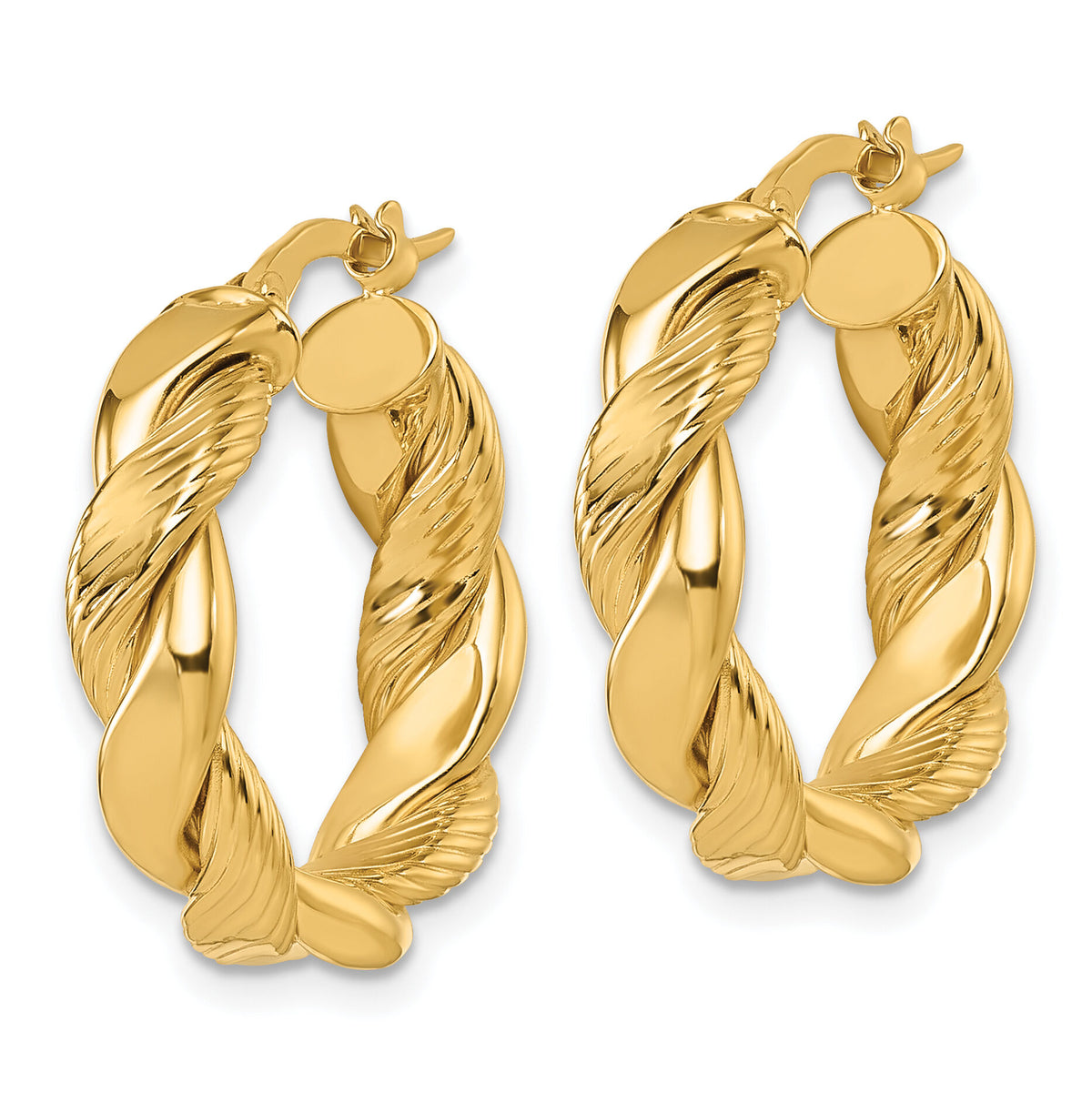 14K Polished and Textured Twisted Hoop Earrings-TF2416