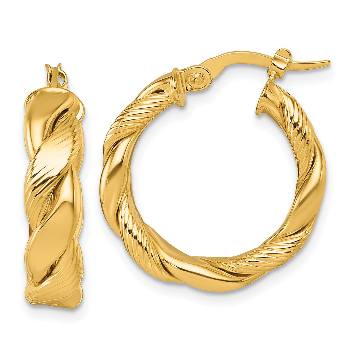 14K Polished and Textured Twisted Hoop Earrings-TF2416