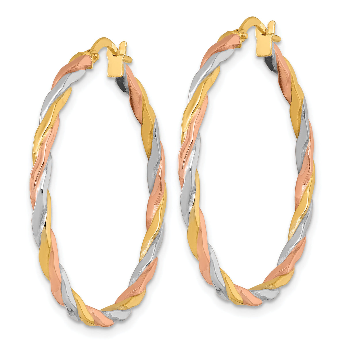 14k w/Rose and White Rhodium Twist Hoop Earrings-TF2419