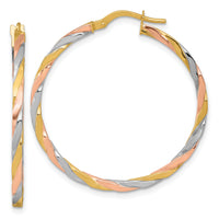 14k w/Rose and White Rhodium Twist Hoop Earrings-TF2419