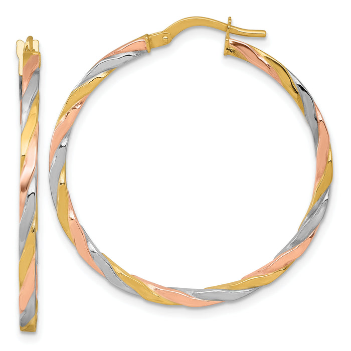 14k w/Rose and White Rhodium Twist Hoop Earrings-TF2419