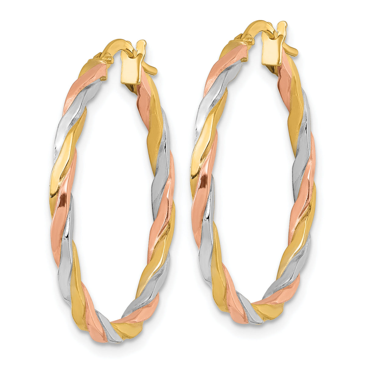 14k w/Rose and White Rhodium Twist Hoop Earrings-TF2420