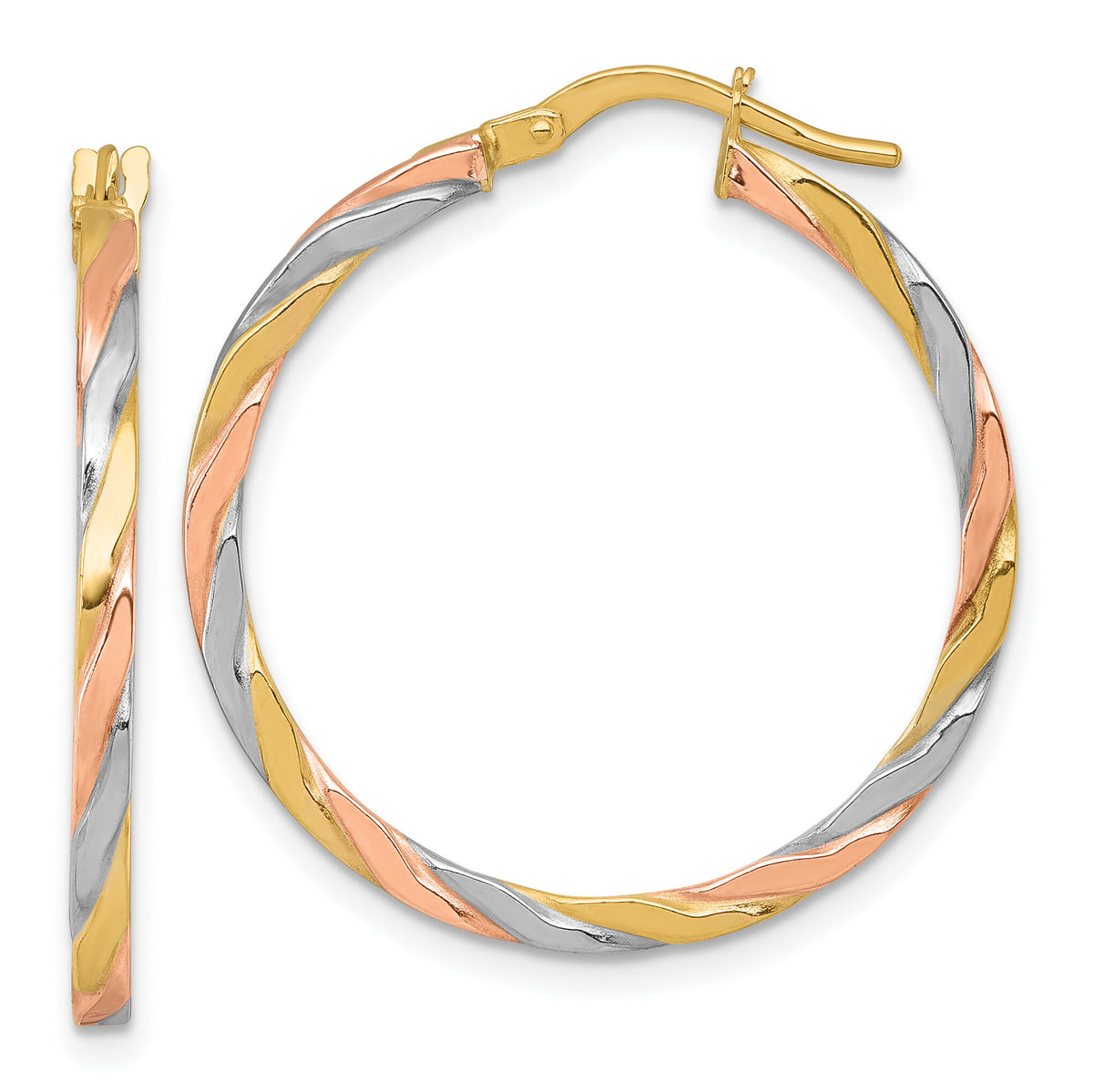 14k w/Rose and White Rhodium Twist Hoop Earrings-TF2420