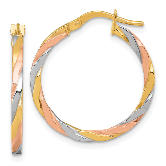 14k w/Rose and White Rhodium Twist Hoop Earrings-TF2421