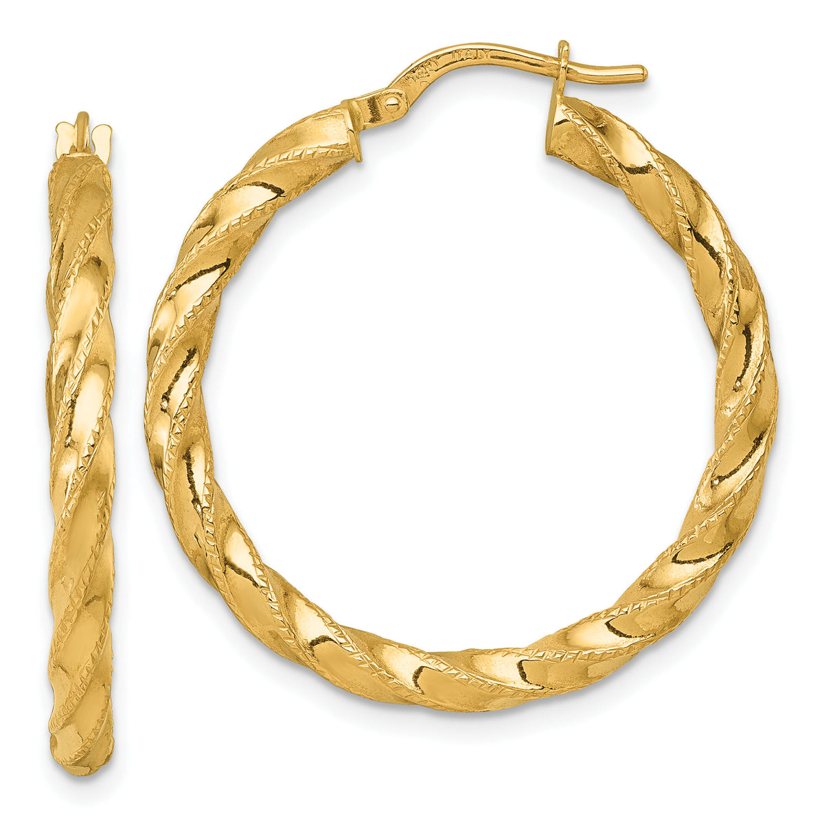 14k Polished Diamond-cut Twist Hoop Earrings-TF2424
