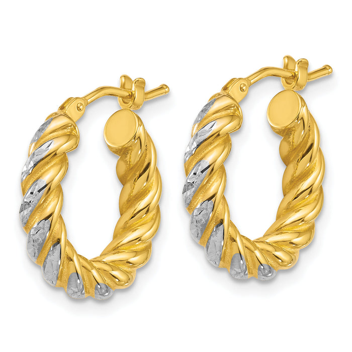 14k w/ White Rhodium Polished D/C Twisted 3.75mm Hoop Earrings-TF2438