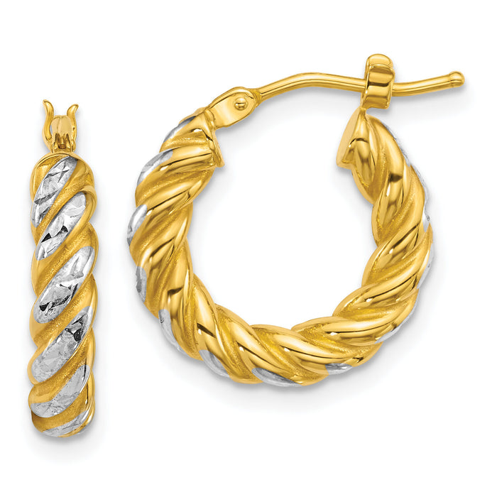 14k w/ White Rhodium Polished D/C Twisted 3.75mm Hoop Earrings-TF2438