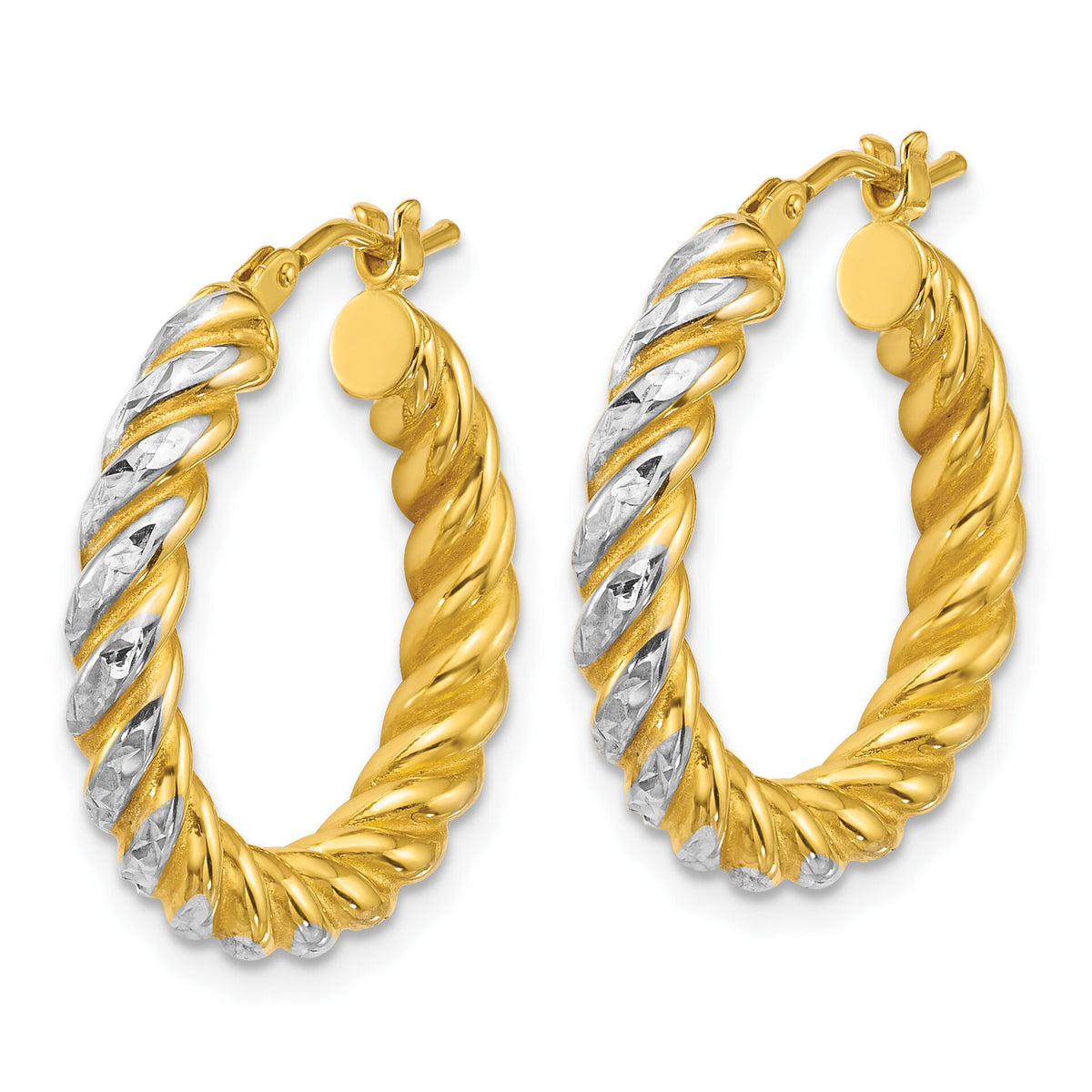 14k w/ White Rhodium Polished D/C Twisted 3.75mm Hoop Earrings-TF2439