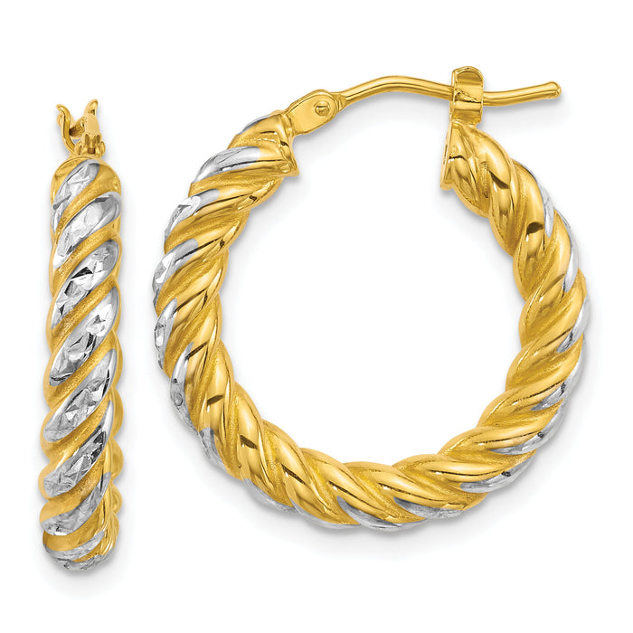14k w/ White Rhodium Polished D/C Twisted 3.75mm Hoop Earrings-TF2439