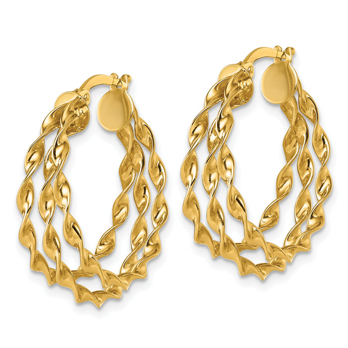 14k Polished Three Strand Twisted Hoop Earrings-TF2443