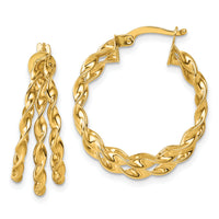 14k Polished Three Strand Twisted Hoop Earrings-TF2443