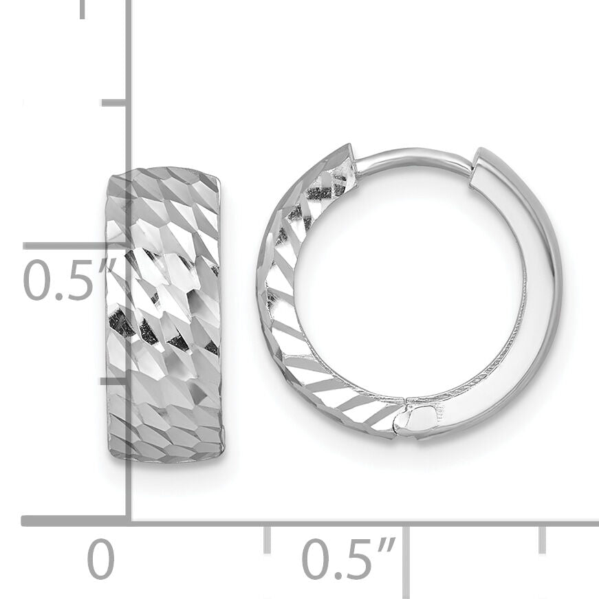 14k White Gold Polished Diamond-cut Hinged Hoop Earrings-TF2471W