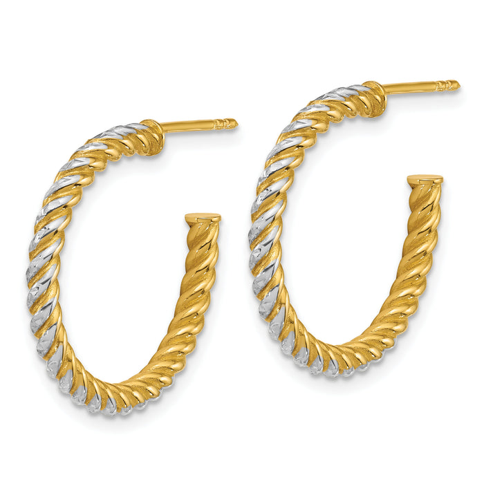 14k w/ White Rhodium Polished D/C Twisted 2.75mm Post Hoop Earrings-TF2542