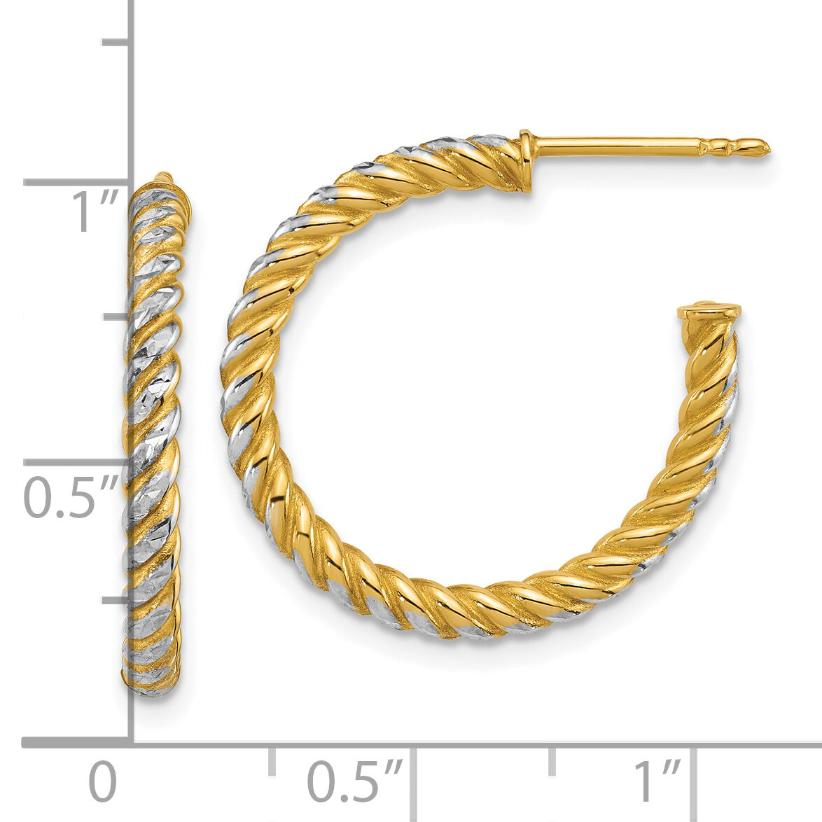 14k w/ White Rhodium Polished D/C Twisted 2.75mm Post Hoop Earrings-TF2542