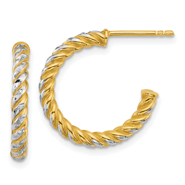 14k w/ White Rhodium Polished D/C Twisted 2.75mm Post Hoop Earrings-TF2543