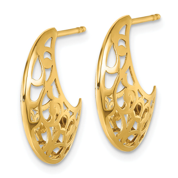 14k Polished Fancy Cut Out Design Post J-Hoop Earrings-TF2564
