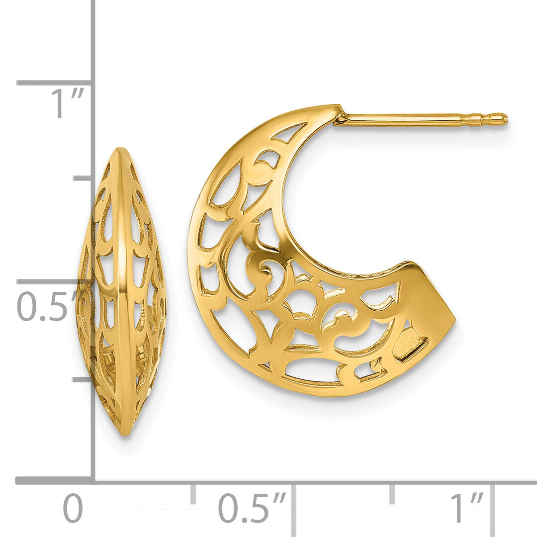 14k Polished Fancy Cut Out Design Post J-Hoop Earrings-TF2564