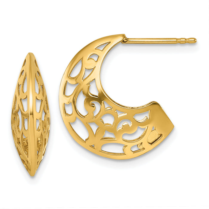 14k Polished Fancy Cut Out Design Post J-Hoop Earrings-TF2564