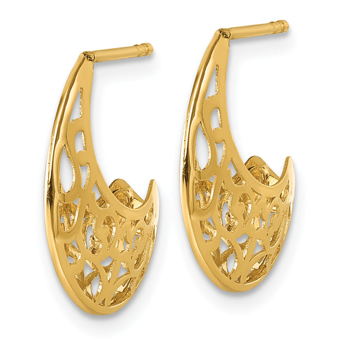 14k Polished Fancy Cut Out Design Post J-Hoop Earrings-TF2565