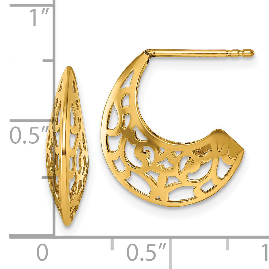 14k Polished Fancy Cut Out Design Post J-Hoop Earrings-TF2565