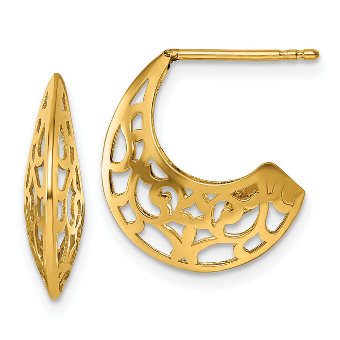14k Polished Fancy Cut Out Design Post J-Hoop Earrings-TF2565