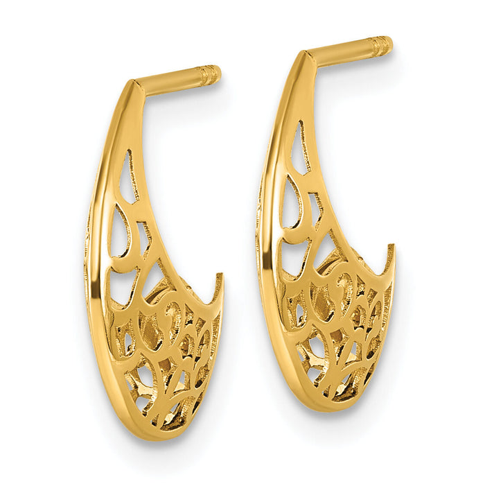 14k Polished Fancy Cut Out Design Post J-Hoop Earrings-TF2566
