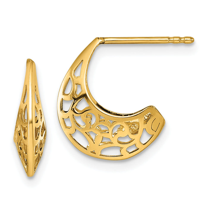 14k Polished Fancy Cut Out Design Post J-Hoop Earrings-TF2566
