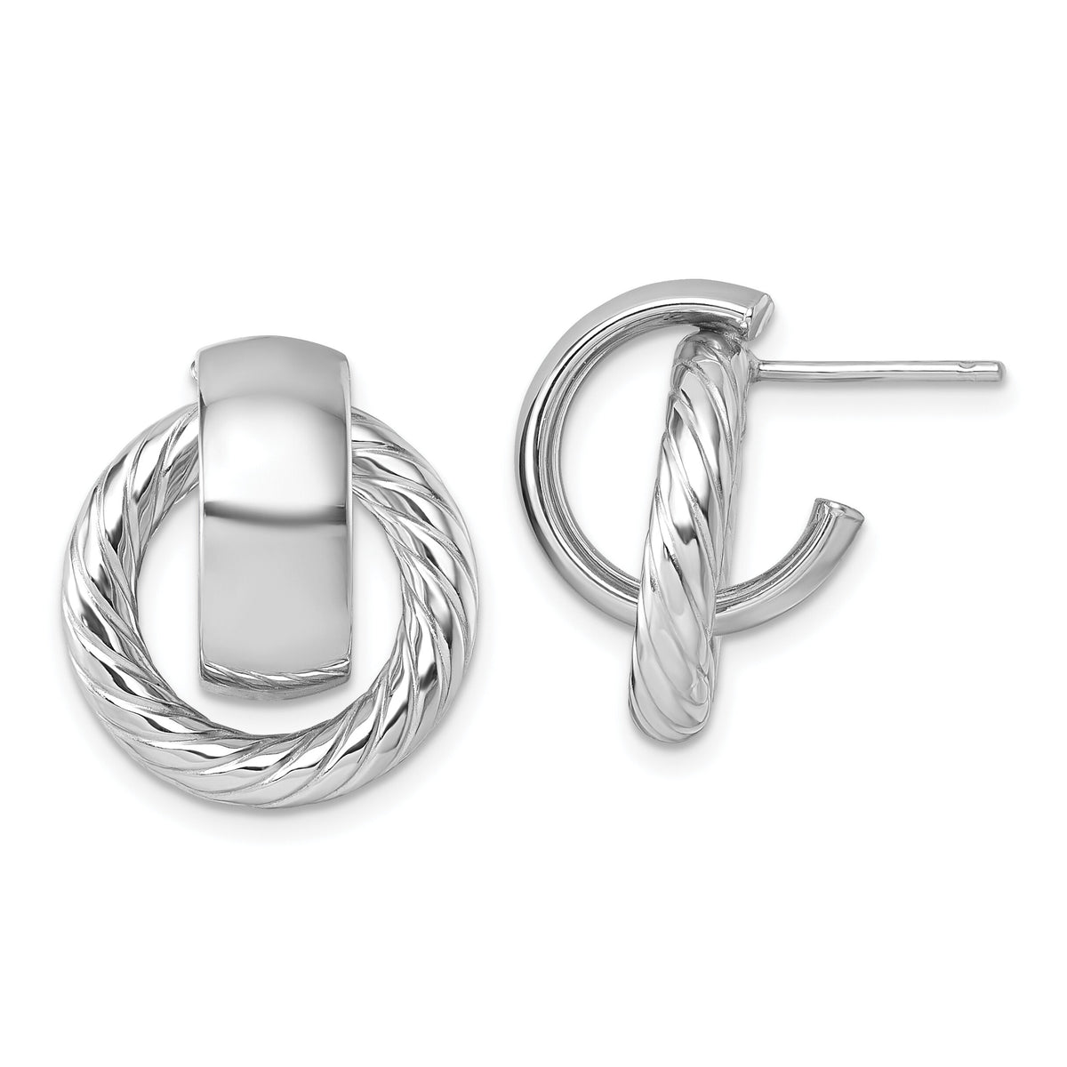 14K with White Rhodium Polished and Twisted Circle Post Earrings-TF2572W