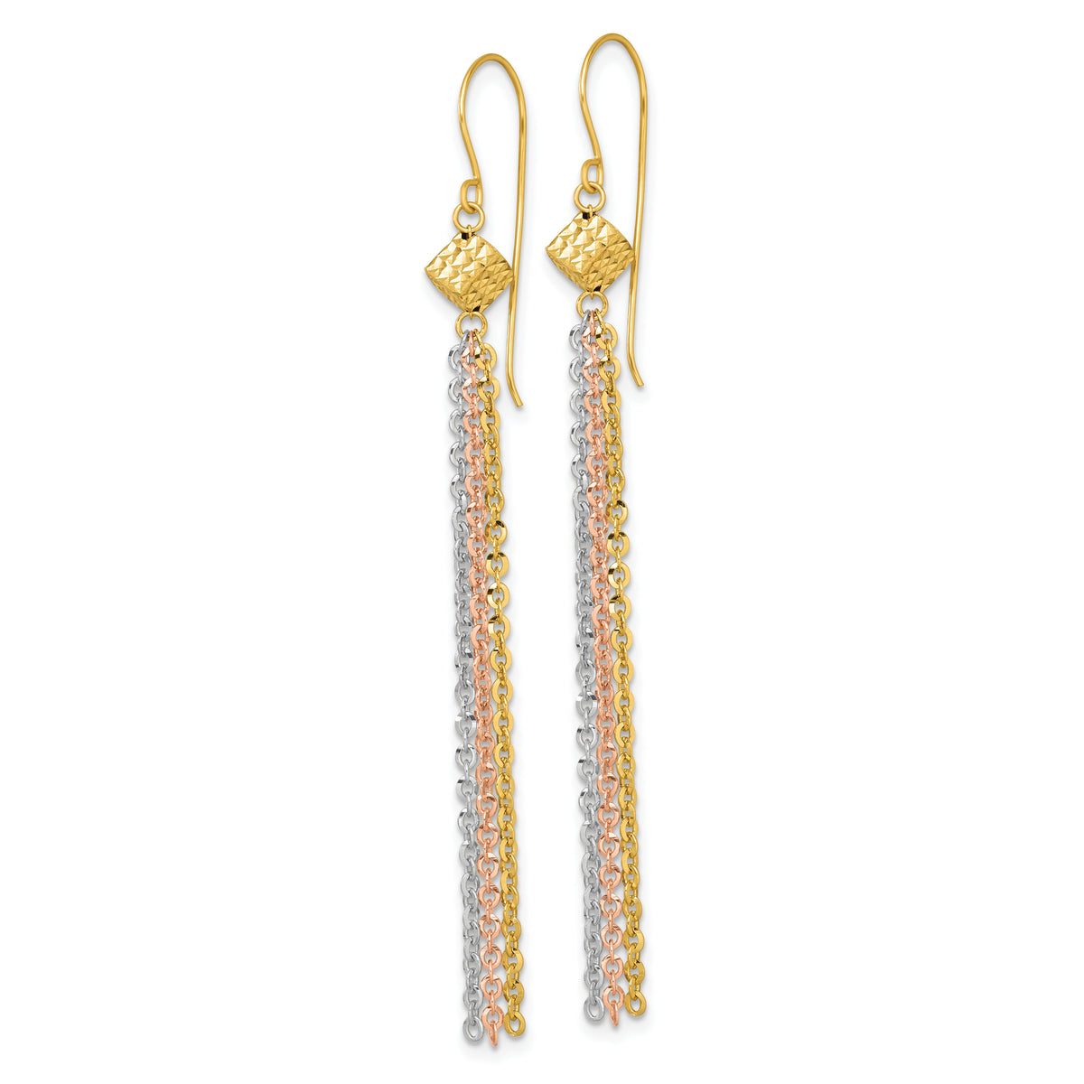 14k Tri-color Polished Fancy Dangle Tassel Shepherd's Hook Earrings-TF2581