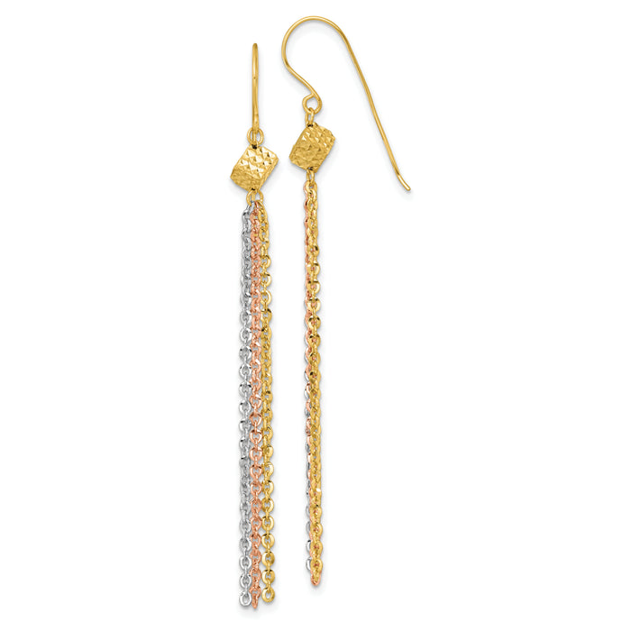 14k Tri-color Polished Fancy Dangle Tassel Shepherd's Hook Earrings-TF2581