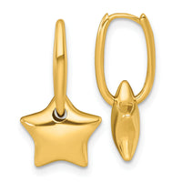14k Polished Dangle Star Hinged Hoop Earrings-TF2585
