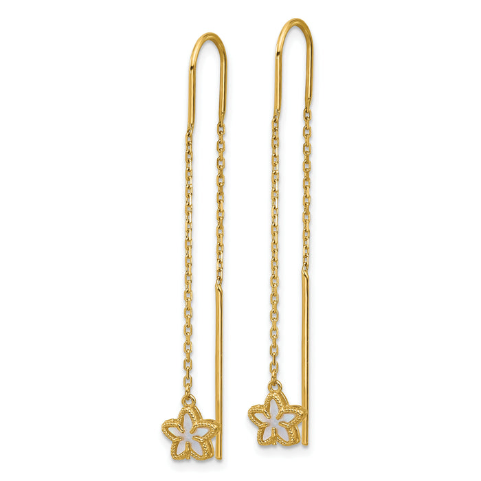 14K Polished Mother of Pearl Flower Cable Chain Threader Earrings-TF2586