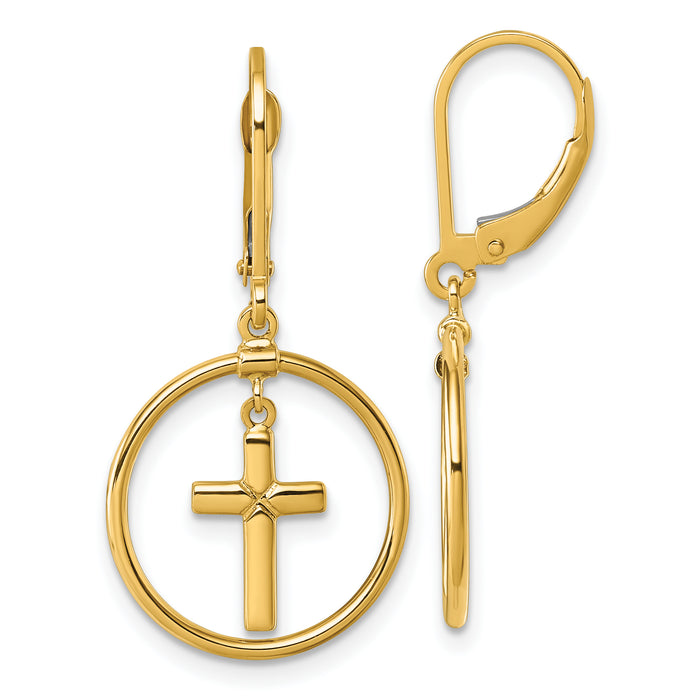 14k Polished Cross Leverback Dangle Earrings-TF2588
