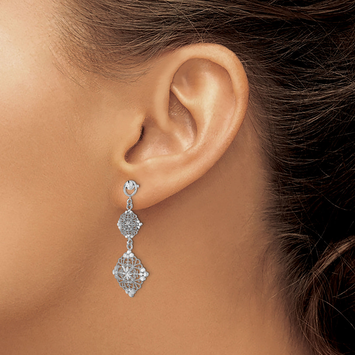 14K White Gold D/C Filigree Medallion Drop Earrings-TF392W