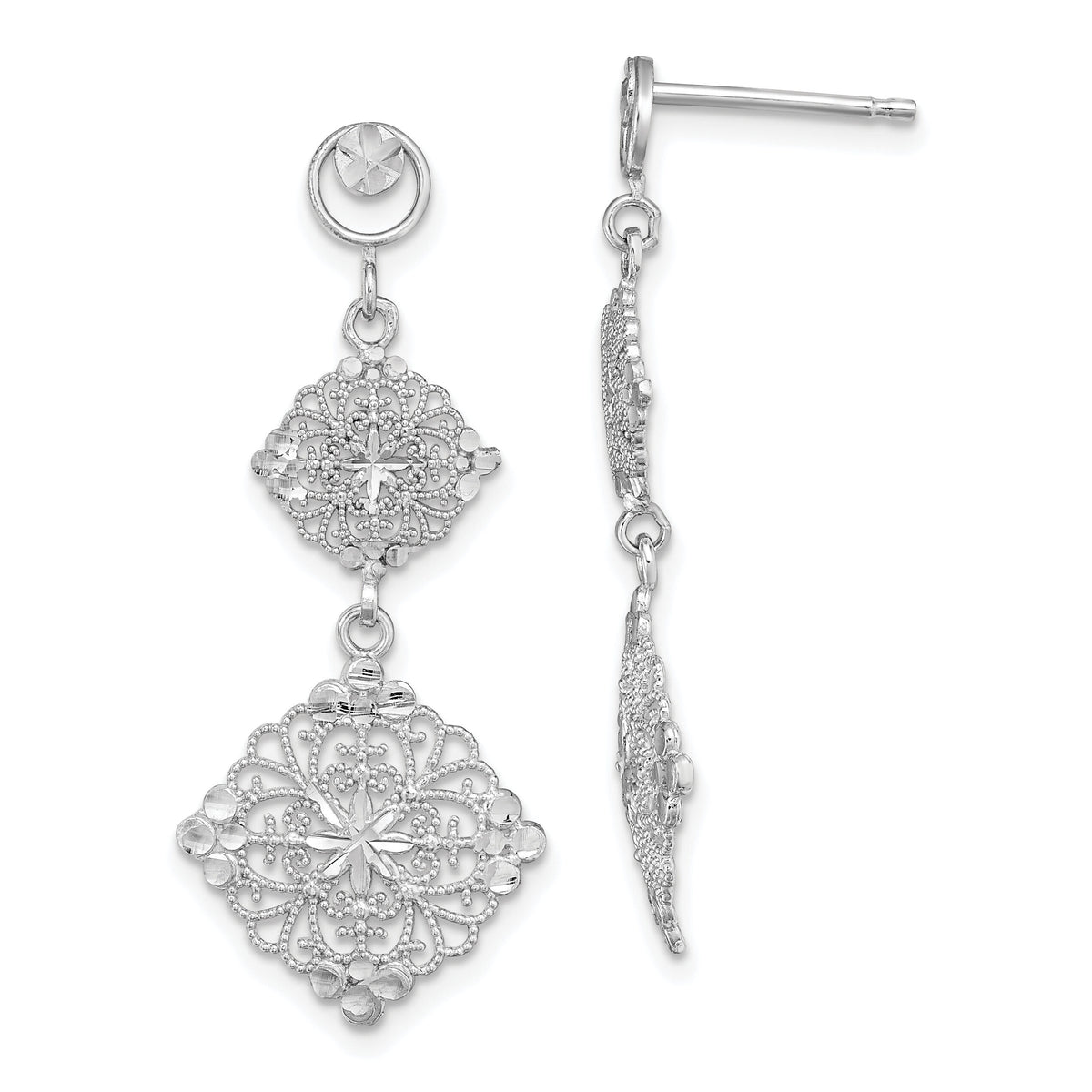 14K White Gold D/C Filigree Medallion Drop Earrings-TF392W