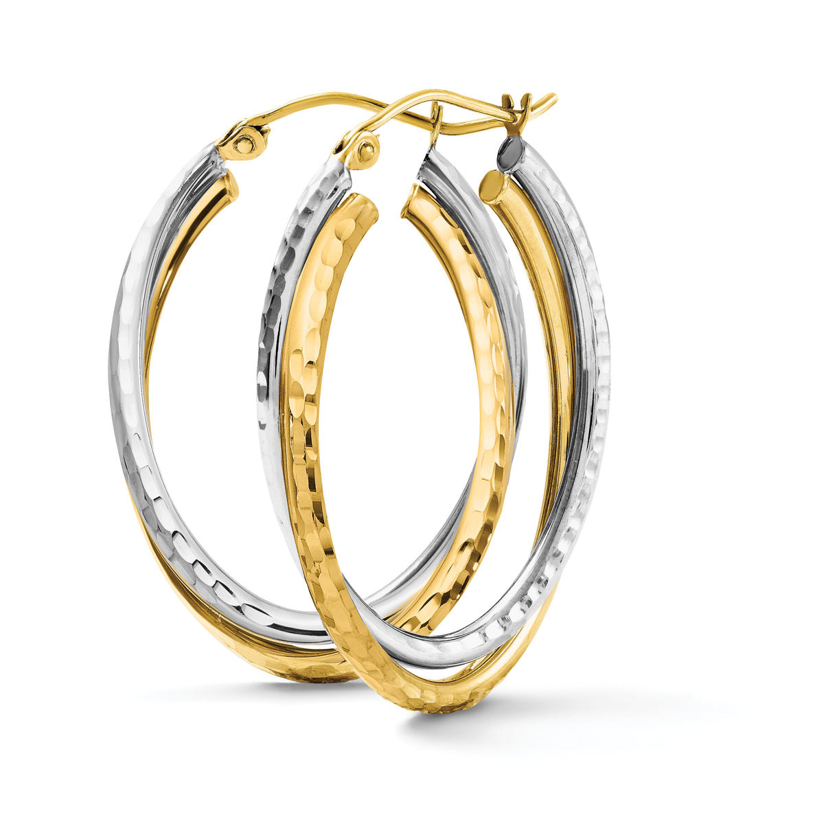 14k Two-tone Diamond-cut Polished Oval Hoop Earring-TF477