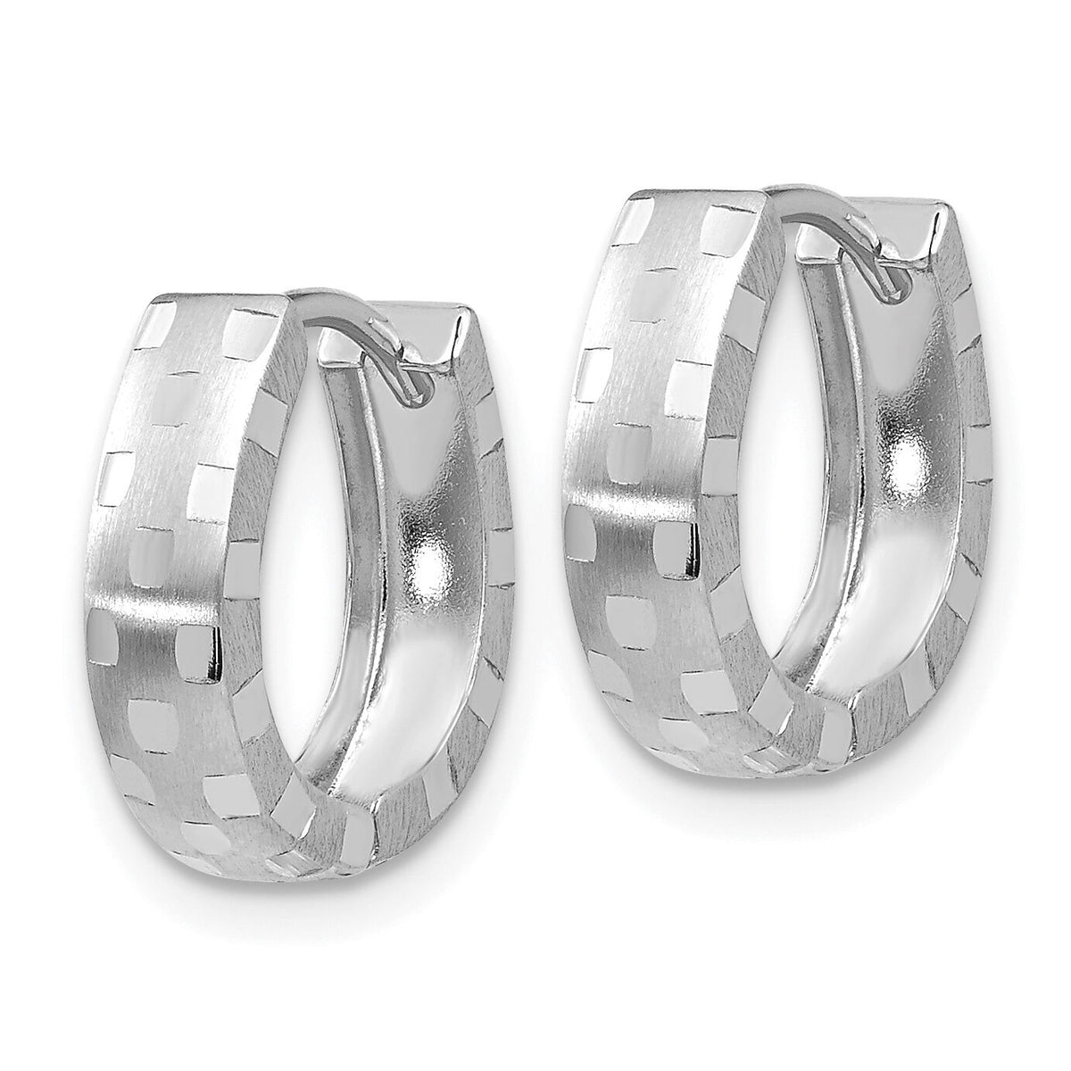 14K White Gold Diamond Cut 4mm Patterned Hinged Hoop Earrings-TF544