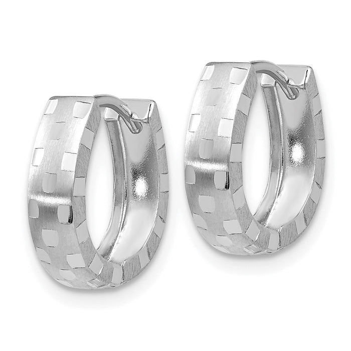 14K White Gold Diamond Cut 4mm Patterned Hinged Hoop Earrings-TF544