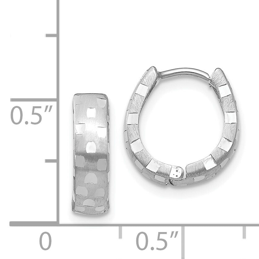14K White Gold Diamond Cut 4mm Patterned Hinged Hoop Earrings-TF544