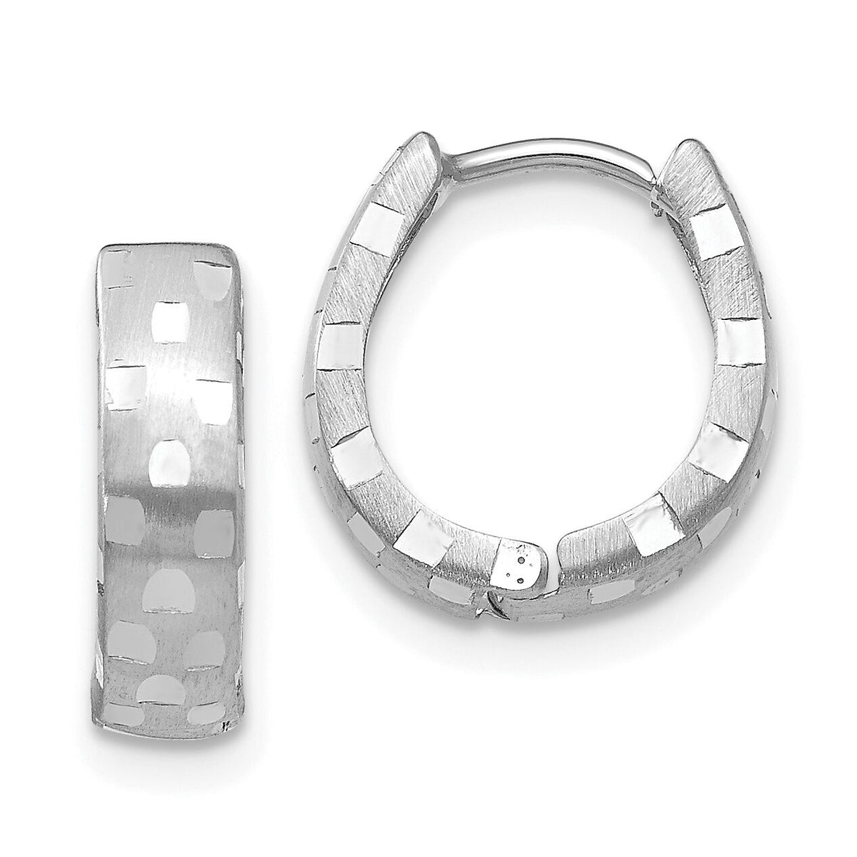 14K White Gold Diamond Cut 4mm Patterned Hinged Hoop Earrings-TF544
