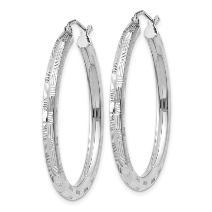14k White Gold Diamond-cut Hoop Earrings-TF624