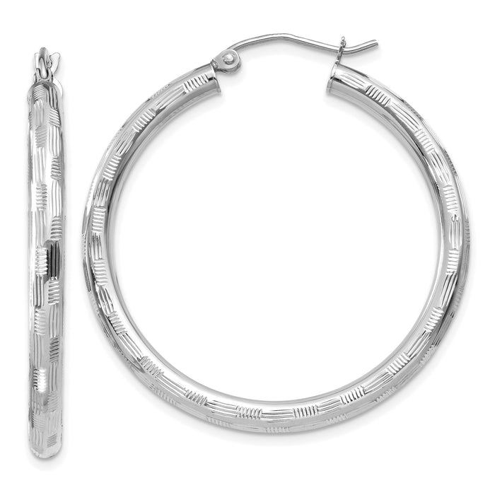 14k White Gold Diamond-cut Hoop Earrings-TF624