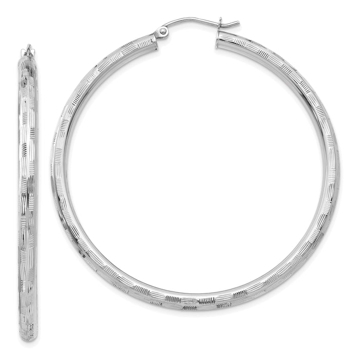 14k White Gold Diamond-cut Hoop Earrings-TF627